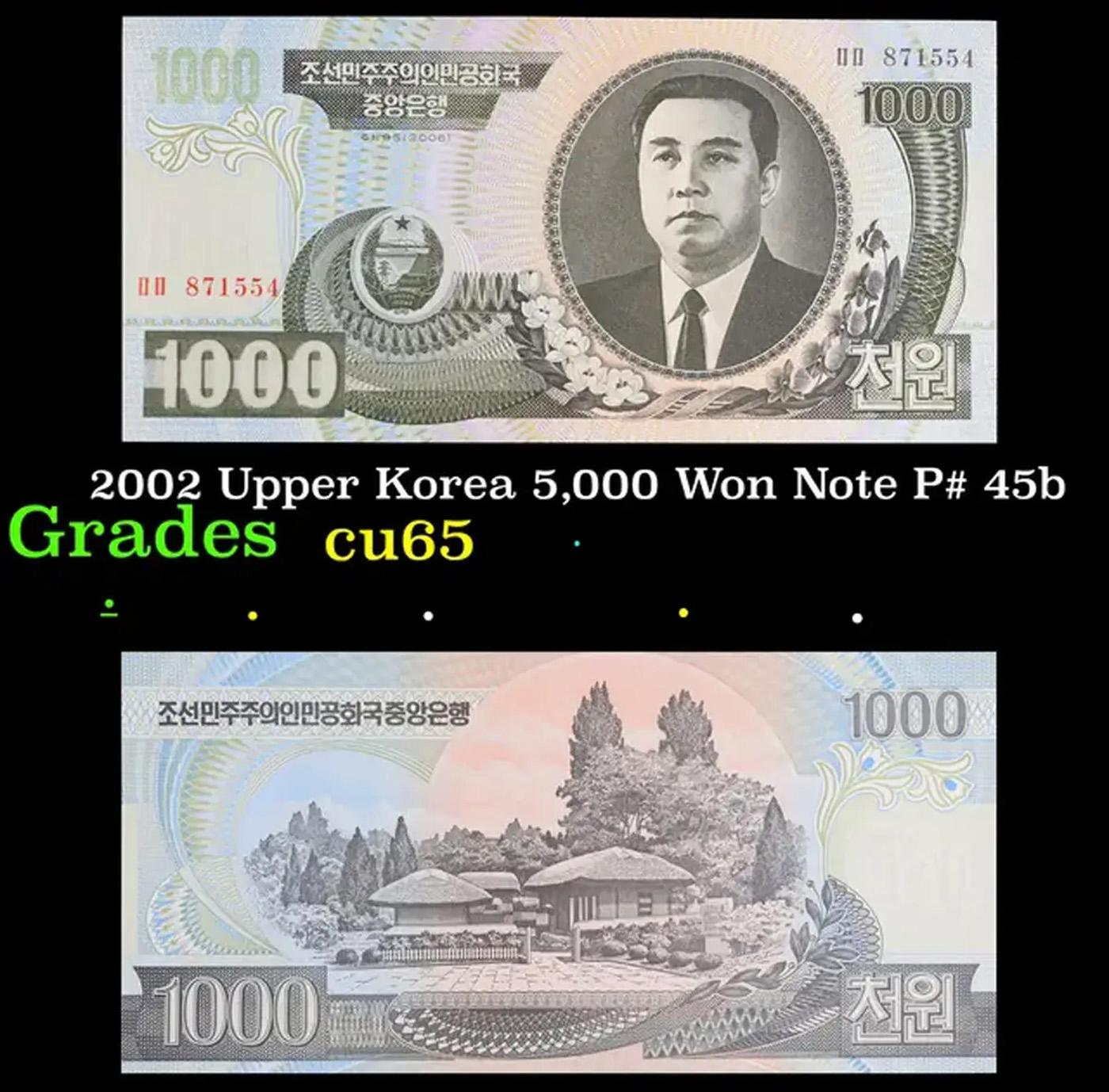 2002 Upper Korea 5,000 Won Note P# 45b Grades Gem CU