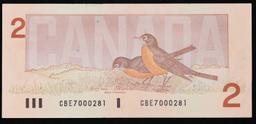 1986-1991 Canada 2 Dollar Banknote P# 94b, Sig. Thiessen & Crow Grades Choice AU/BU Slider