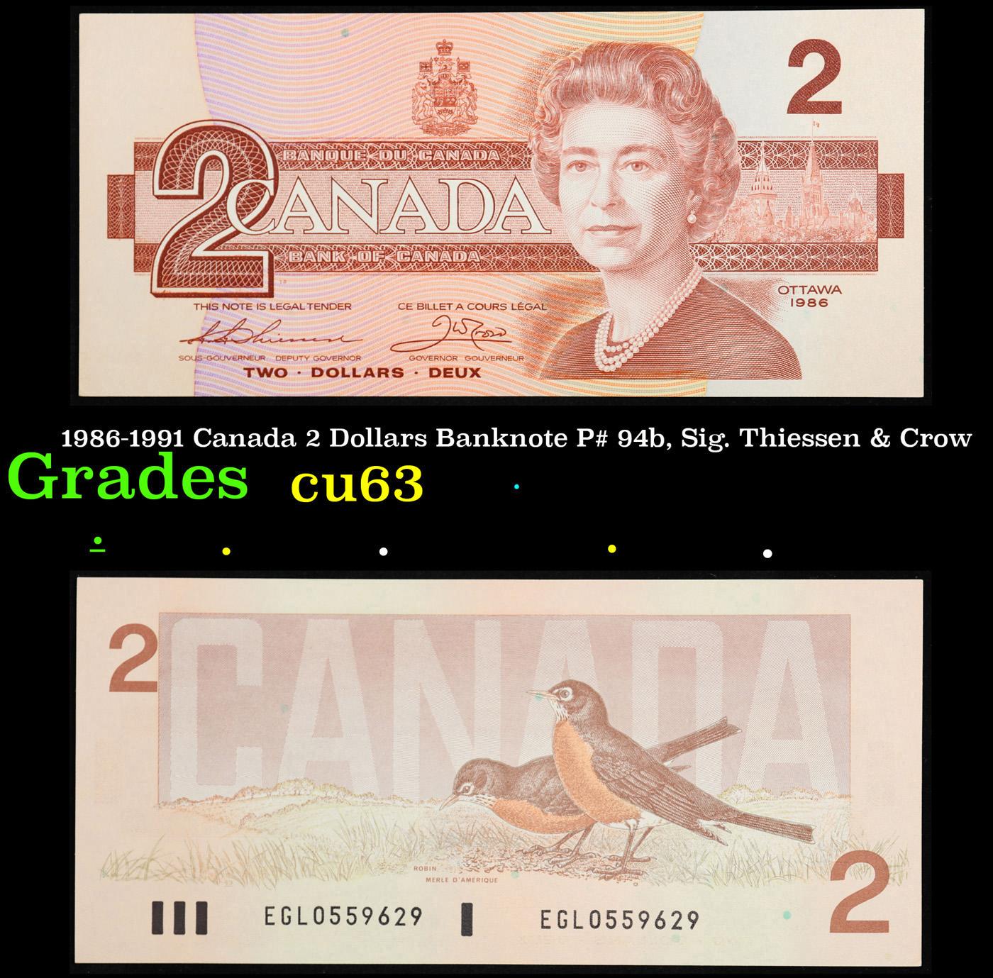 1986-1991 Canada 2 Dollars Banknote P# 94b, Sig. Thiessen & Crow Grades Select CU