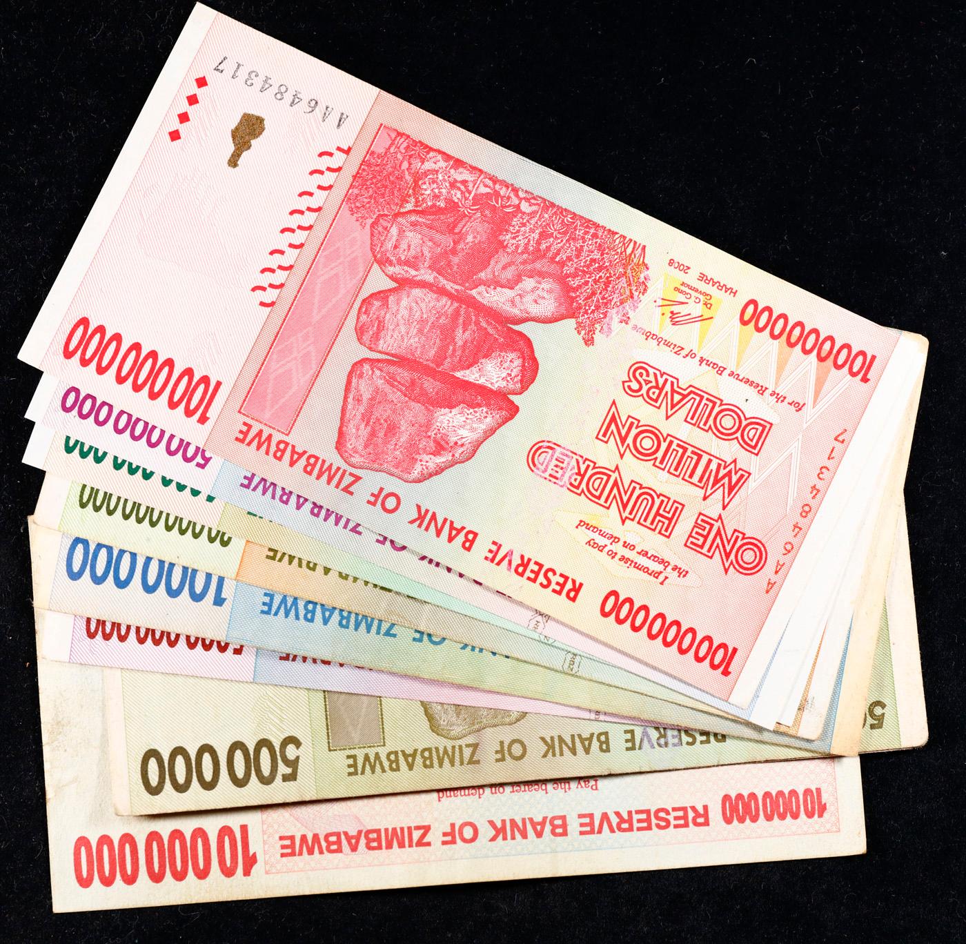 Lot of 10 2006-2008 Zimbabwe Hyperinflation Notes, Various Denominations