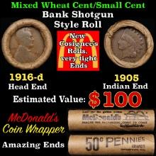 Small Cent Mixed Roll Orig Brandt McDonalds Wrapper, 1916-d Lincoln Wheat end, 1905 Indian other end