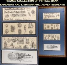 Framed Collection of Vintage Bank Ephemera and Lithographic Advertisements