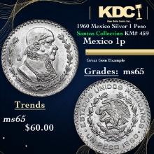 1960 Mexico Silver 1 Peso Santos Collection KM# 459 Grades GEM Unc