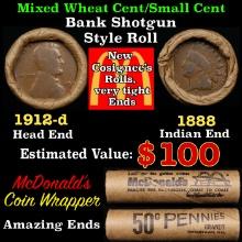 Small Cent Mixed Roll Orig Brandt McDonalds Wrapper, 1912-d Lincoln Wheat end, 1888 Indian other end