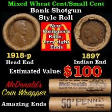 Small Cent Mixed Roll Orig Brandt McDonalds Wrapper, 1918-p Lincoln Wheat end, 1897 Indian other end