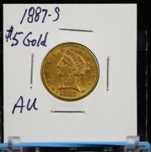 1887-S $5 Gold Liberty AU