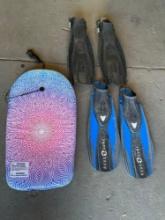 Aqua Lung size R fins, Mares size XL fins, boogie board