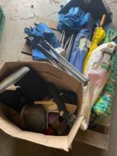 Assorted umbrellas, folding chairs, etc. Over 12 pieces