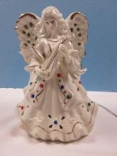 Heavenly Porcelain 8 3/4" Figural Lighted Angel w/Jeweled & Gilt Accents Playing Instrument