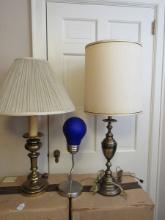 Lot Cobalt Satin Glass Light Bulb Accent Lamp & 2 Brass Decorative Lamps