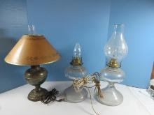 Lot 2 Pressed Glass Footed Converted 18" Oil Lamps & Vintage Metal Converted Oil Lamp w/