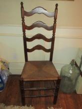 Early American Style Ladder Back Chair Woven Rush Seat Slight Split in Rush Seat