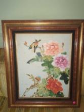(DEN) PAINTED CANVAS OF BIRDS PERCHES ON FLOWERS IN WOODEN GOLD TONE FRAME, APPROXIMATE DIMENSIONS -