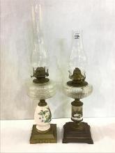 Lot of 2 Antique Kerosene Lamps w/ Metal & Floral