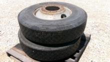 LOT OF TIRES,  (2) 11R 22.5, W/STEEL WHEELS, AS IS WHERE IS