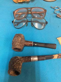 Vintage miscellaneous, including pipes, glasses, San Francisco, metal cups, doll, troll doll and