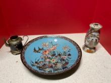 Chinese antiques 11 3/4 inch cloisonne plate, cloisonne Teapot, hat pin holder