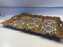 Large Mexican Tile Tray With Craved Wooden Frame