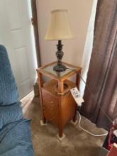 vintage Oak lampstand with beveled glass top