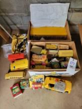 Boxes of school bus themed toys, mail box, Bonanza lunch box