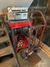 plastic shop cart, vice, dolly, stereo equipment