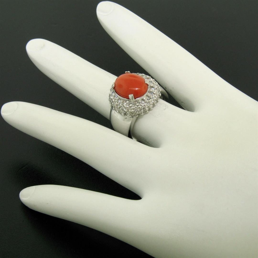 14k White Gold Oval Cabochon Red Coral Ring w/ 2.10 ctw Diamond Halo