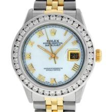 Rolex Mens Two Tone White Roman 3 ctw Channel Set Diamond Bezel Datejust Wristwa