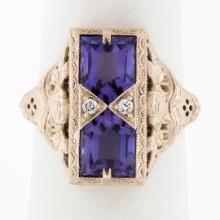 14K Rose Gold 1.80 ctw Amethyst W/ Diamond & Filigree Milgrain Etched Dinner Rin