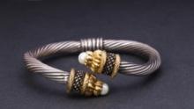 Vintage Sterling Silver & 18K Gold Crossover Bracelet with Natural Pearls