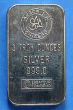 3 Troy Oz .999 Silver Bullion Bar Argor S.A. Chiasso