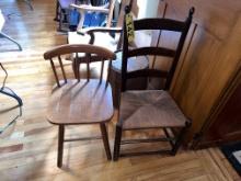 LADDER-BACK DINING CHAIR W/ RUSH SEAT, SMALL STOOL