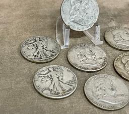 Collection of Nine Silver Half Dollars and Eleven Silver Quarters