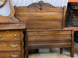 Antique Three-Quarter Oak Head and Foot with Side Rails and Dresser with Mirror