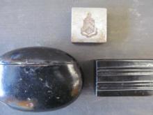 (2) Papier Mache Snuff Boxes & an Engraved Coat of Arms Seal